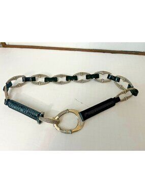 Chico's Black Leather Ornate Mixed Metal Buckle Belt Size 34 Adjustable